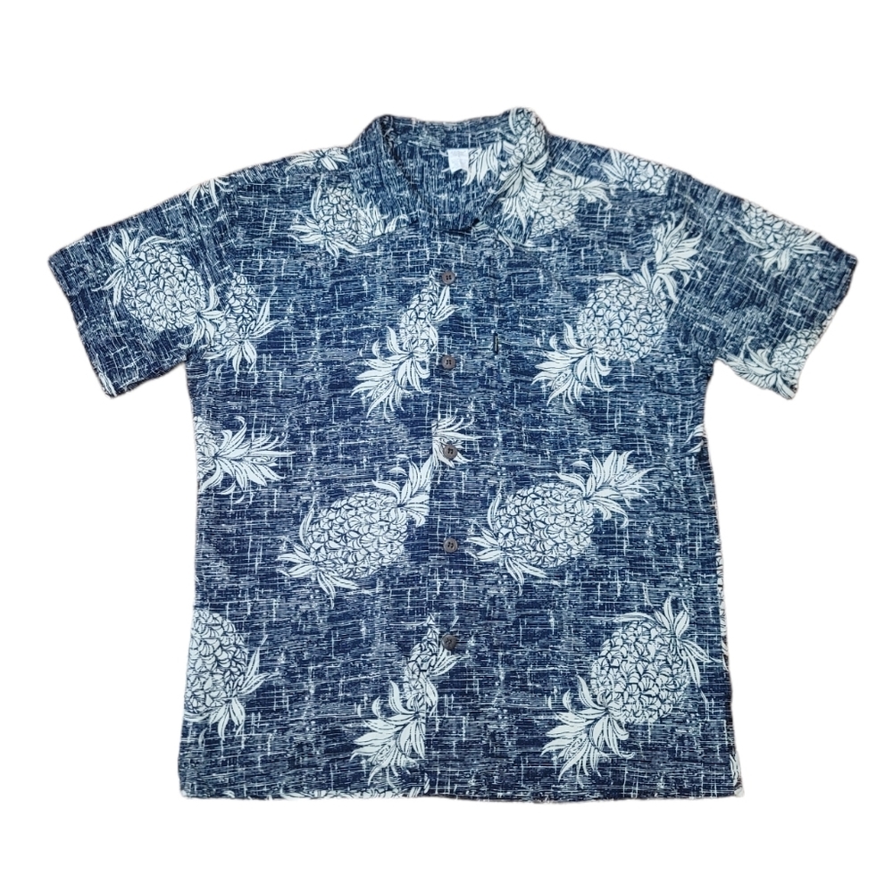Palmwave Hawaii Pineapple Button Up Size Large Blue Aloha Shirt